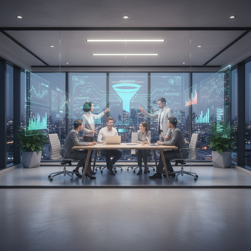 Futuristic marketing team surrounded by AI-driven analytics and digital data flows in a wide, editorial office setting