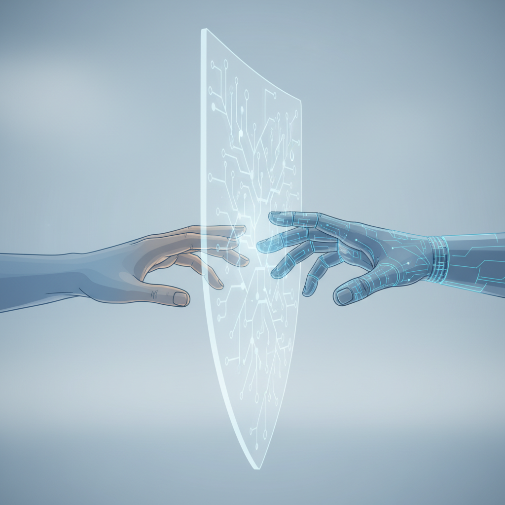 Human and digital hands separated by a neural-patterned shield, representing paradox of trust in AI.