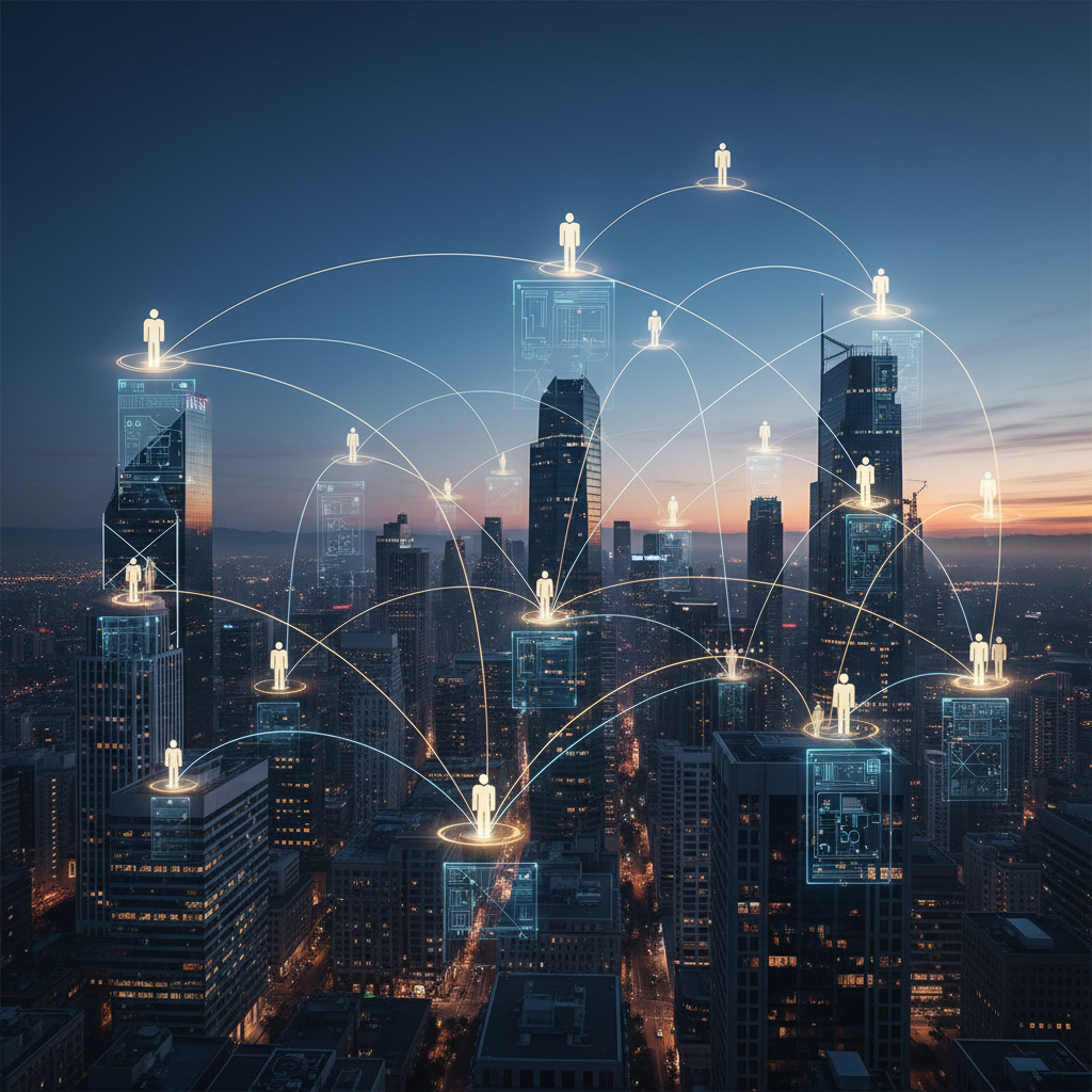 Global city skyline connected by glowing lines, representing the societal impact of trustworthy AI.