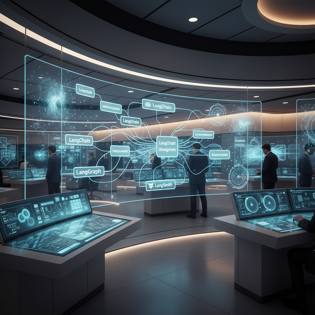 Futuristic command center visualizing interconnected LangChain ecosystem for AI workflows in wide landscape layout.