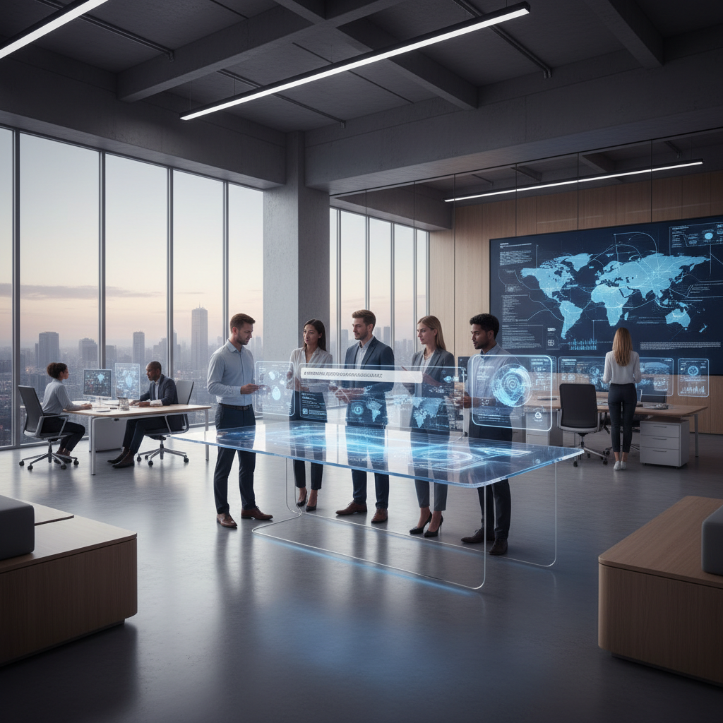 Futuristic marketing team using AI data interfaces in a modern office, symbolizing the rise of prompt engineering.