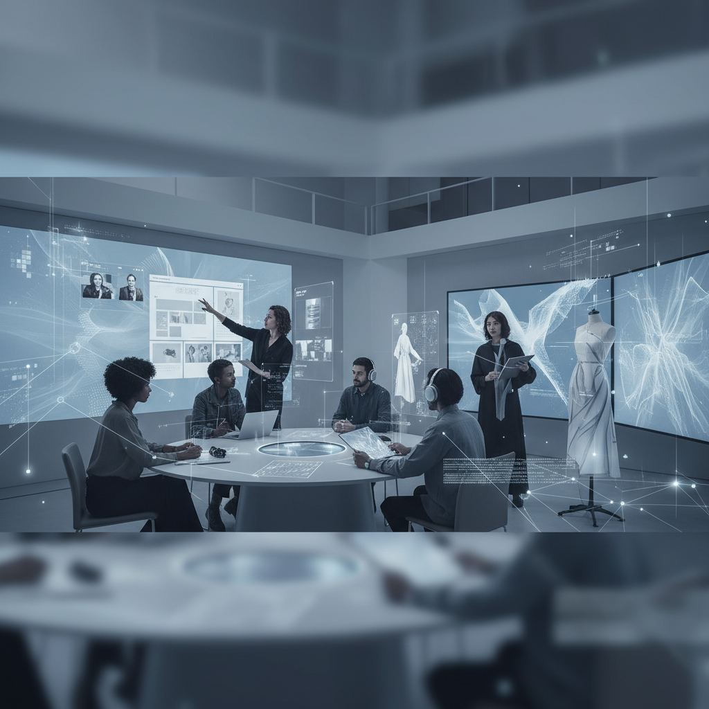 Creative professionals collaborate in a tech-enhanced studio with glowing AI-generated visuals and data flows.