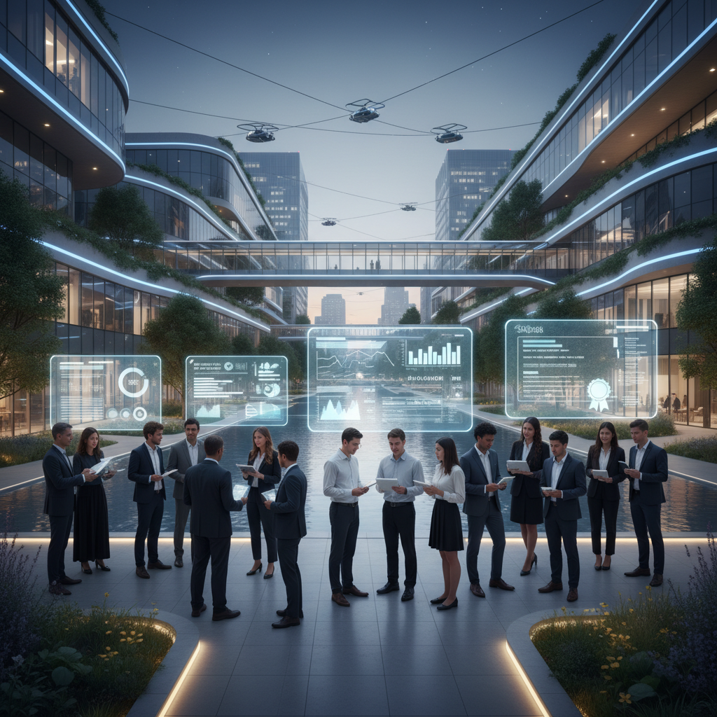 Students analyze digital diplomas and data visualizations at a futuristic campus, symbolizing AI education choices in 2025.