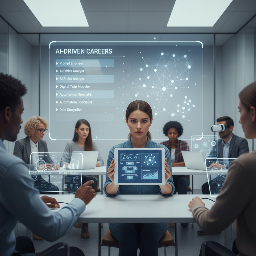 Workers collaborating with AI systems in an office environment