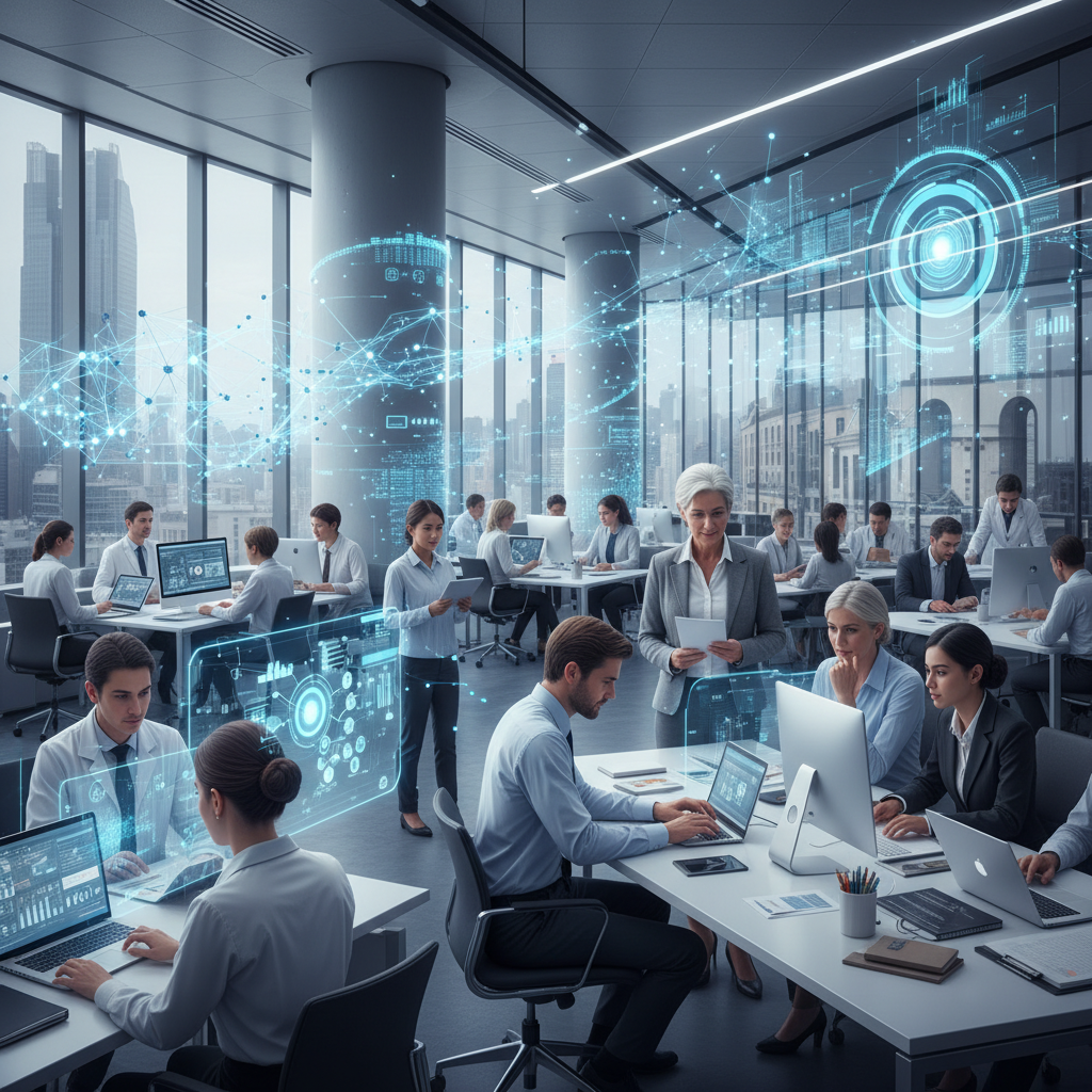 Cinematic wide shot of a diverse, global workforce with AI data flows and neural networks in a modern office setting.