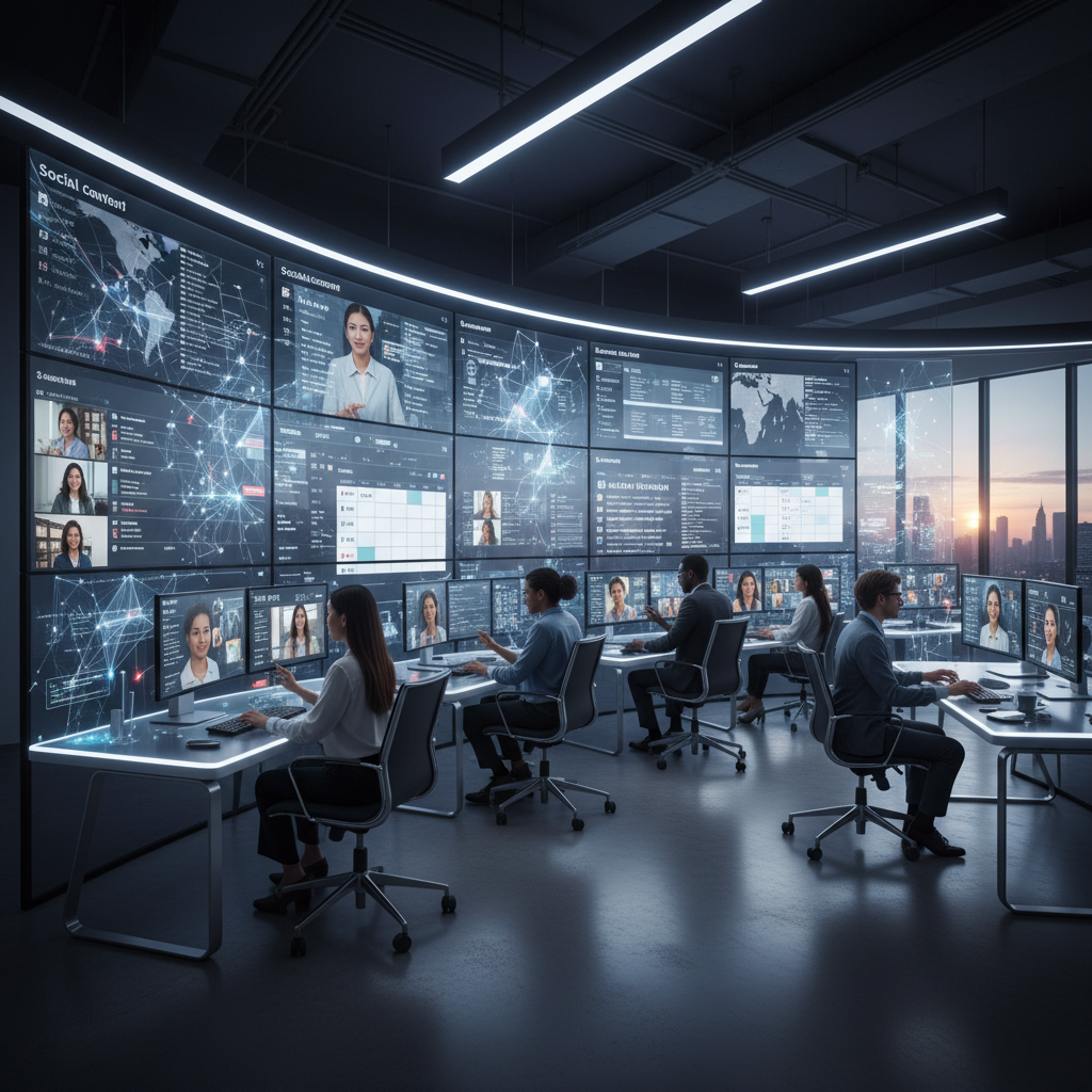 AI-powered global social media marketing team collaborating using advanced digital dashboards.