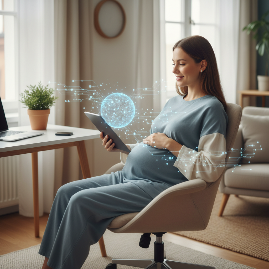 Expectant parent using an AI assistant for mental health support in a calming home setting.