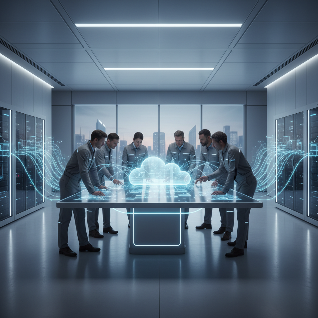 Tech team deploying cloud infrastructure using AI-powered tools in a modern office, digital cloud interface illuminated.