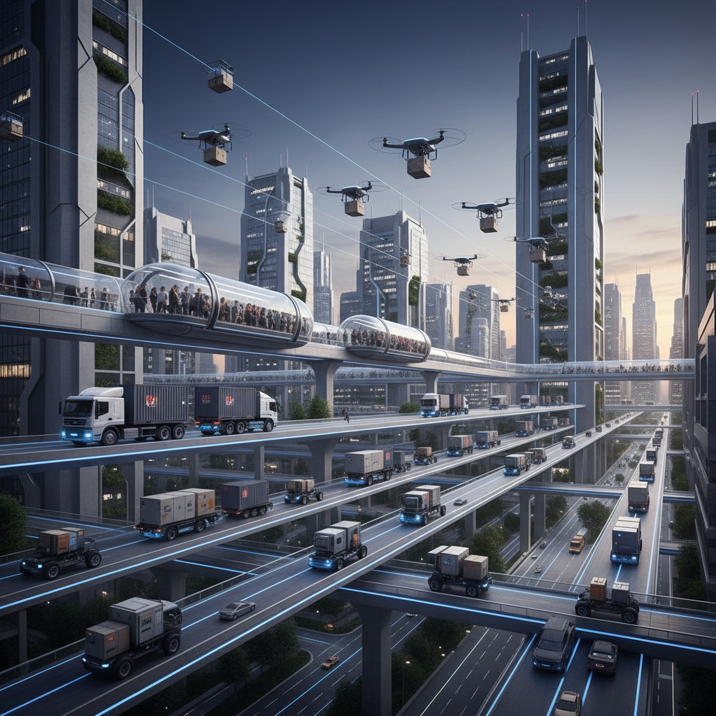 Futuristic cityscape with autonomous trucks, delivery robots, and transit pods moving in harmony.