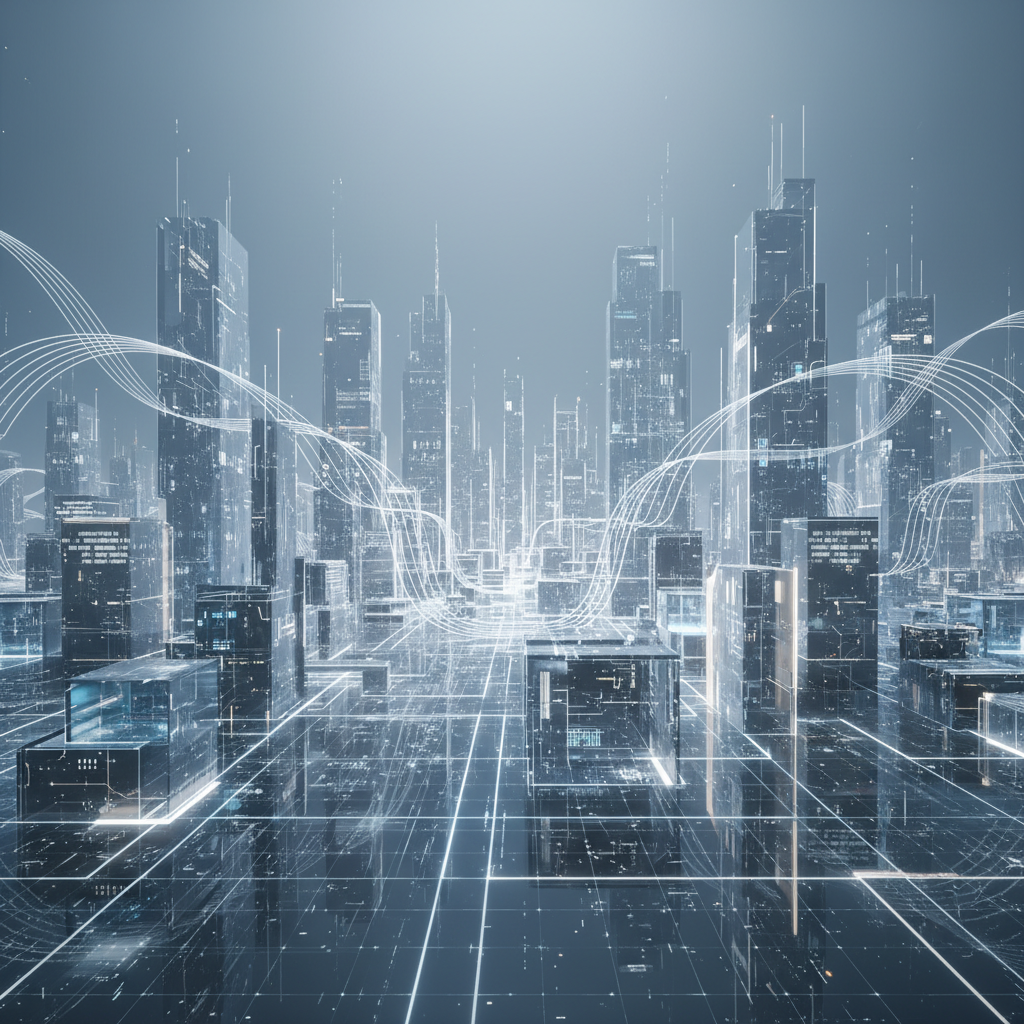 Editorial wide shot of a futuristic cityscape with neural network patterns representing the evolution of generative AI tools in 2025.