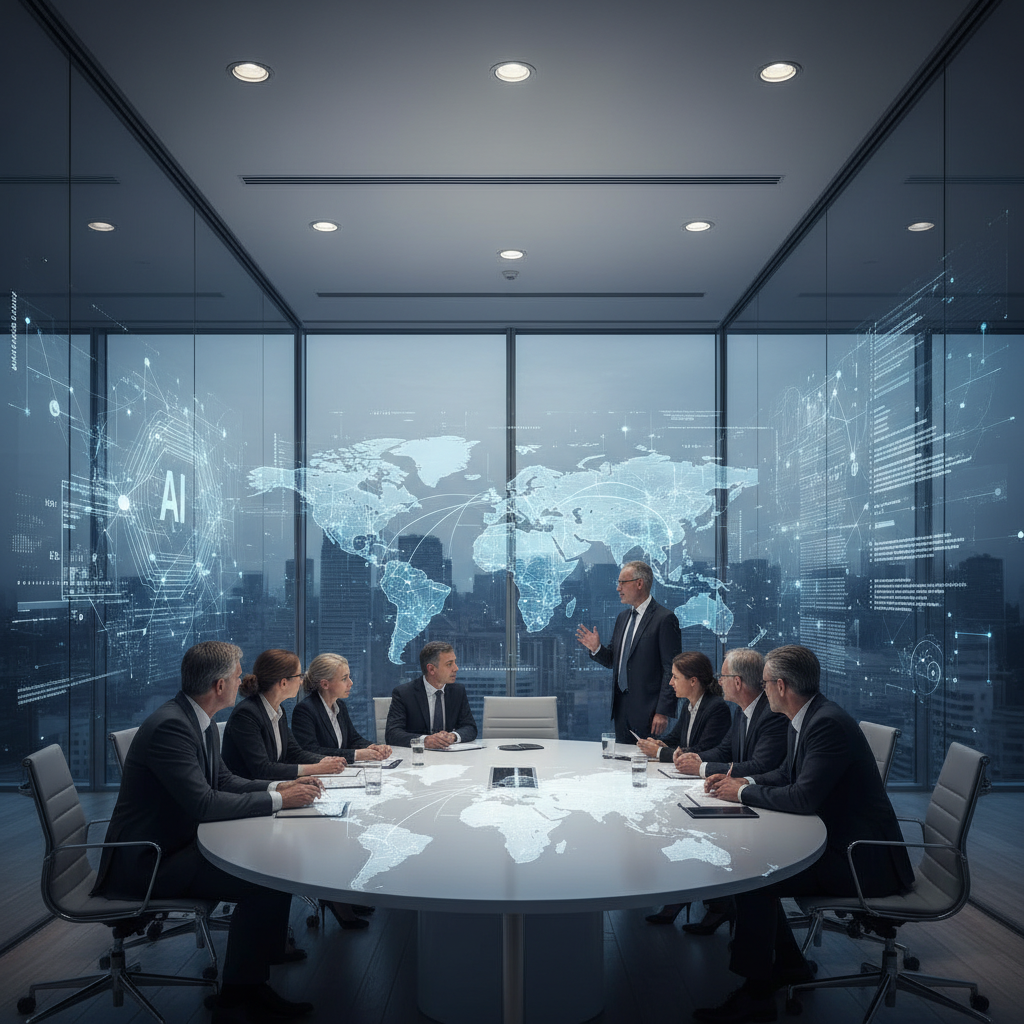 World leaders strategizing AI development in a high-tech, global conference setting with AI data overlays.