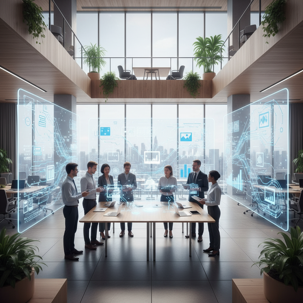 Futuristic workspace with AI professionals exploring diverse open datasets on transparent digital screens.