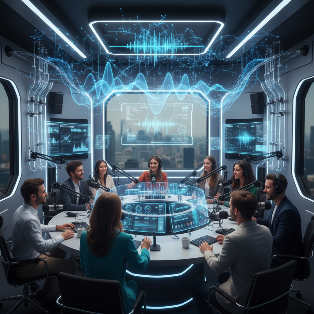 Futuristic podcast studio with digital AI enhancements and diverse creators collaborating.