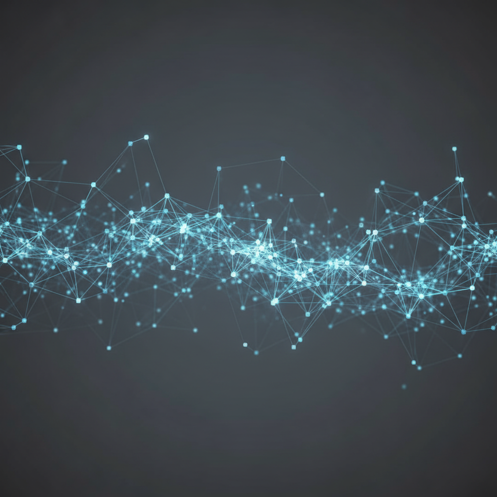 Evolving neural network illuminated in blue, representing self-learning AI in a cinematic, wide-format editorial style.