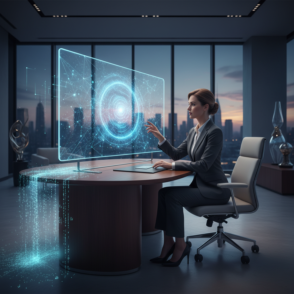 Executive workspace showing a leader collaborating with an AI data network, symbolizing modern thought leadership.